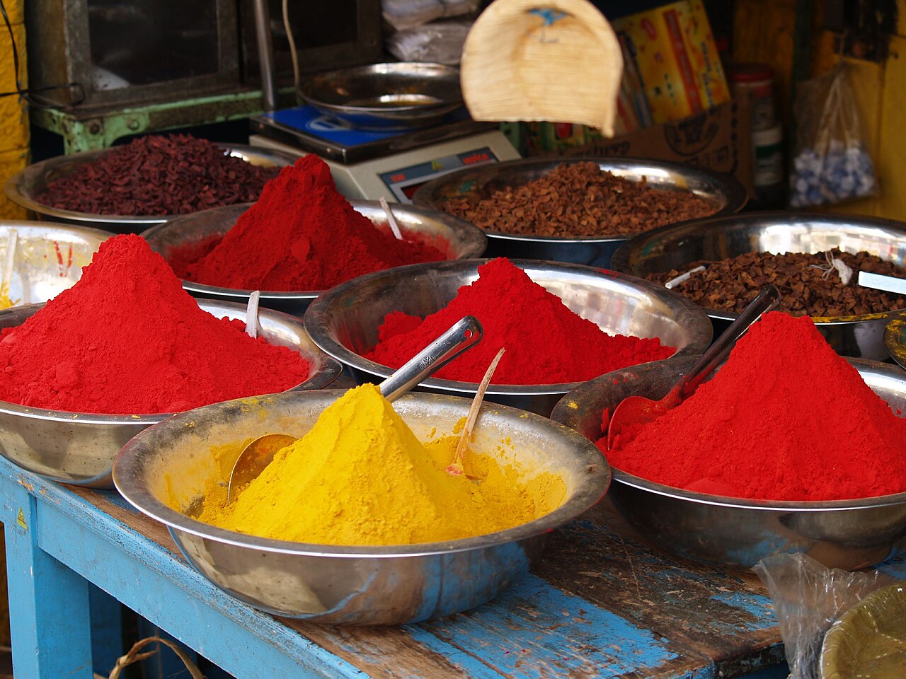 Colourful bowls of traditional Indian spices